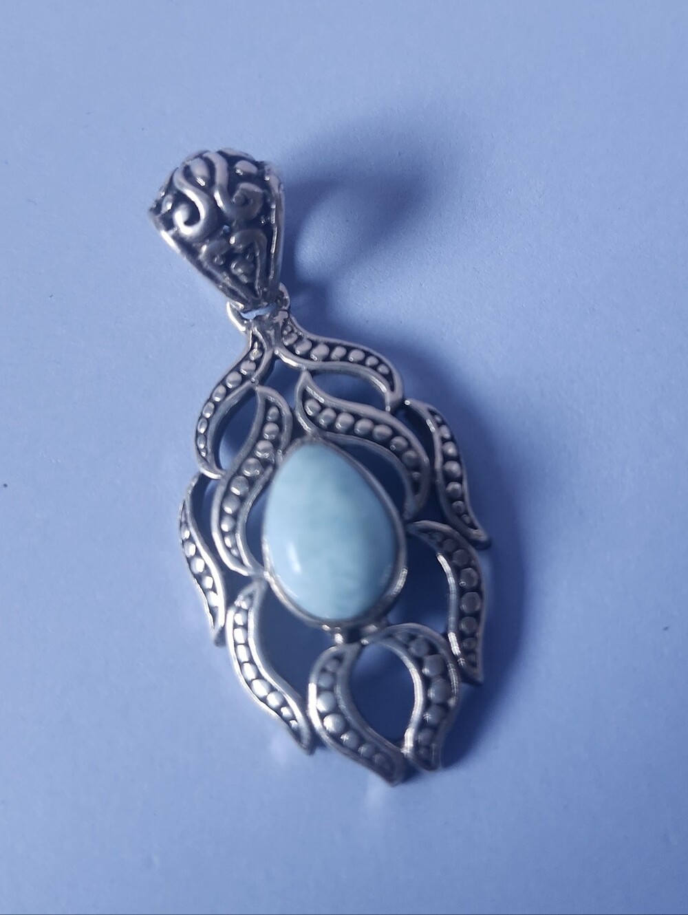 Vintage Filigree 925 Sterling Silver Natural Larimar Blue Teardrop Pendant